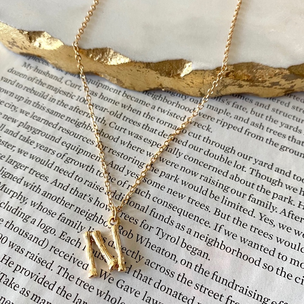 Gold Initial Letter Necklace Bamboo Link Charm N